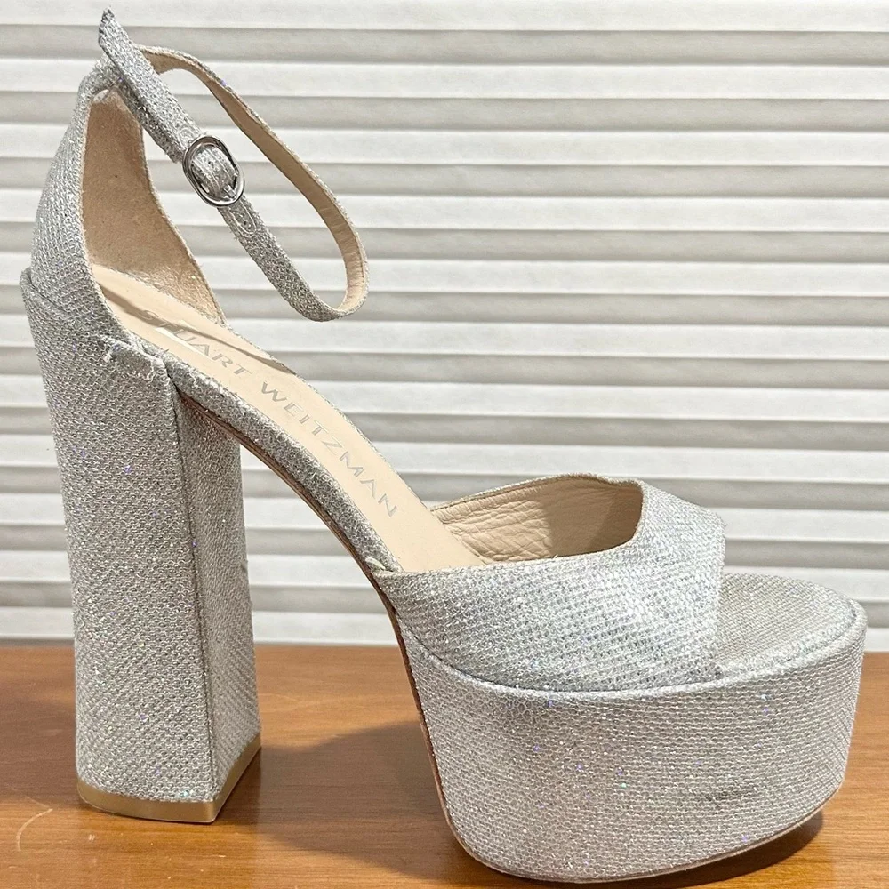 🌹STUART WEITZMAN🌹 Skyhigh 145 Silver Platform Sandal Heel Size: 10